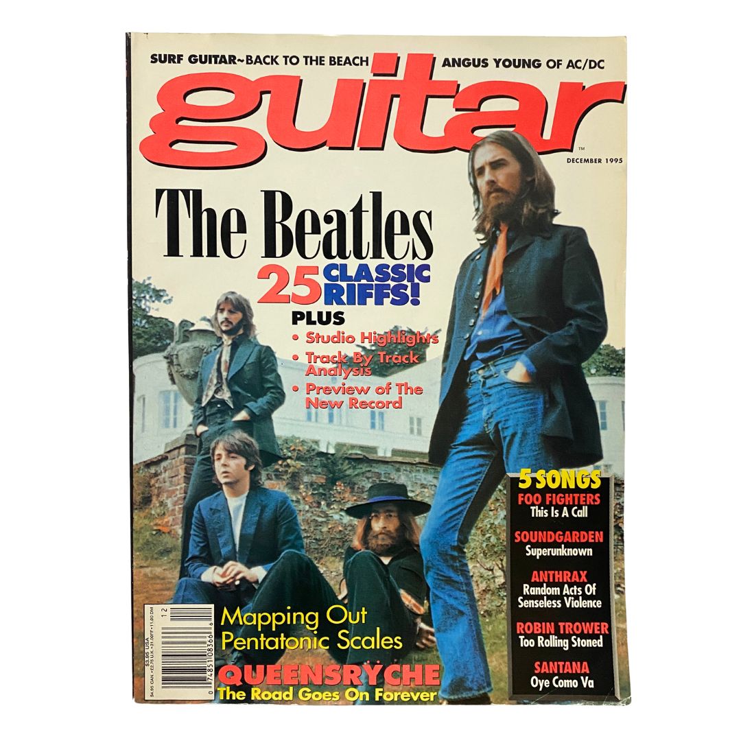 Cover of VTG Guitar Magazine, December 1995, Volume 13, Number 2 featuring The Beatles and highlighting '25 Classic Riffs', along with articles on studio highlights and a preview of a new record.