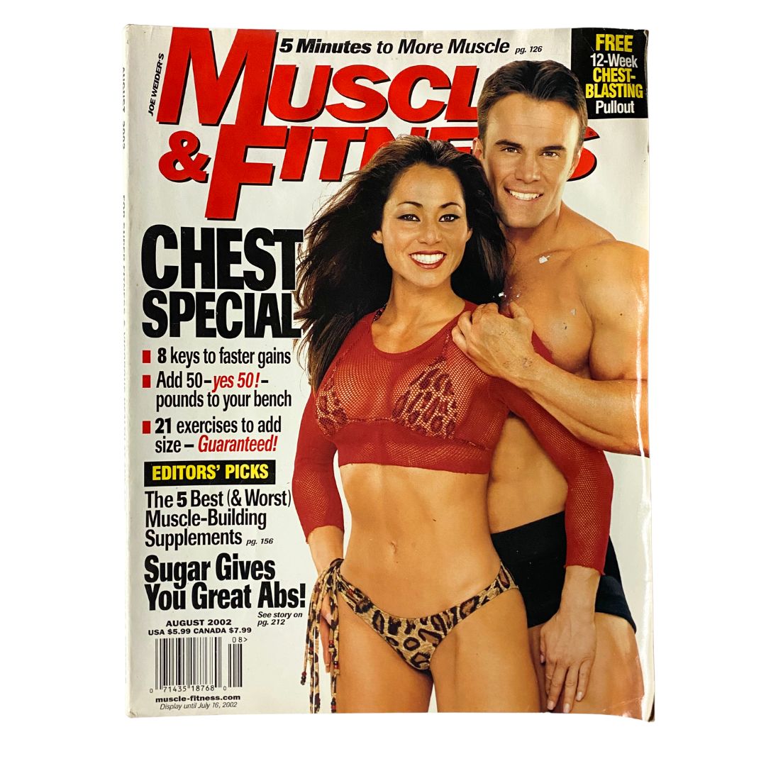 Cover of Muscle & Fitness Magazine August 2002 featuring Denise Paglia and Grant Henderson, highlighting a chest special with fitness insights and exercise routines.