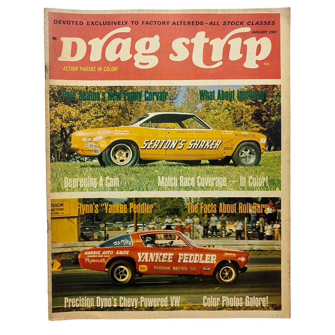 Cover of VTG Drag Strip Magazine January 1967 featuring Bill Flynn's Yankee Peddler and Seaton's Shaker, highlighting classic drag racing cars and vibrant colors.