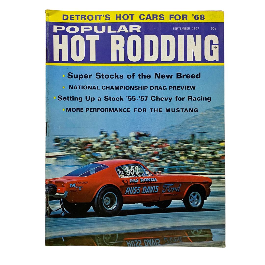 Cover of Popular Hot Rodding Magazine, September 1967 featuring a racing Chevy car, with headlines about super stocks and drag previews.