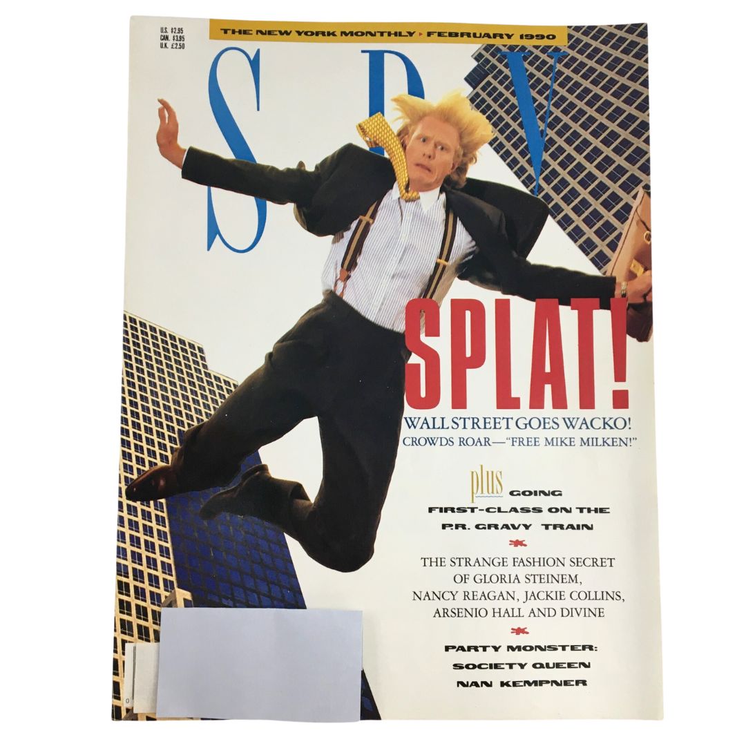 Cover of Spy Magazine, February 1990, featuring Mike Milken, Nancy Reagan, Jackie Collins, and Divine