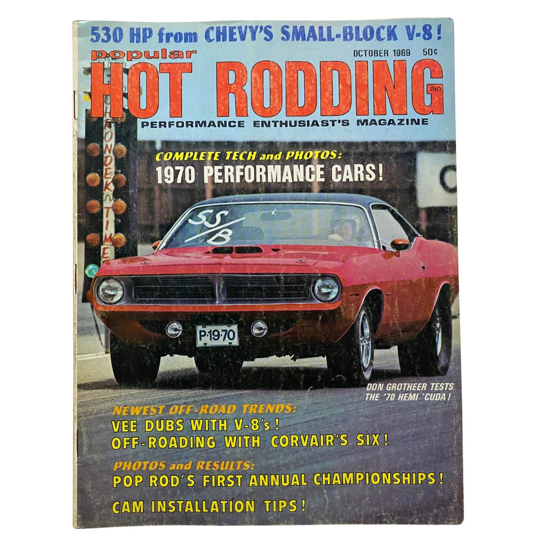 Cover of Popular Hot Rodding Magazine October 1969 featuring the legendary '70 Hemi Cuda. The magazine highlights articles on muscle cars, performance tests, and automotive engineering.