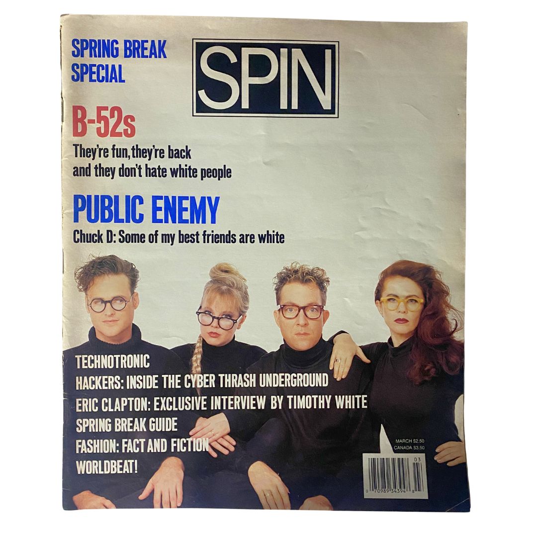 Cover of Spin Magazine March 1990, Vol 5 No. 12 featuring the B-52s and Chuck D from Public Enemy, showcasing iconic music culture of the era.