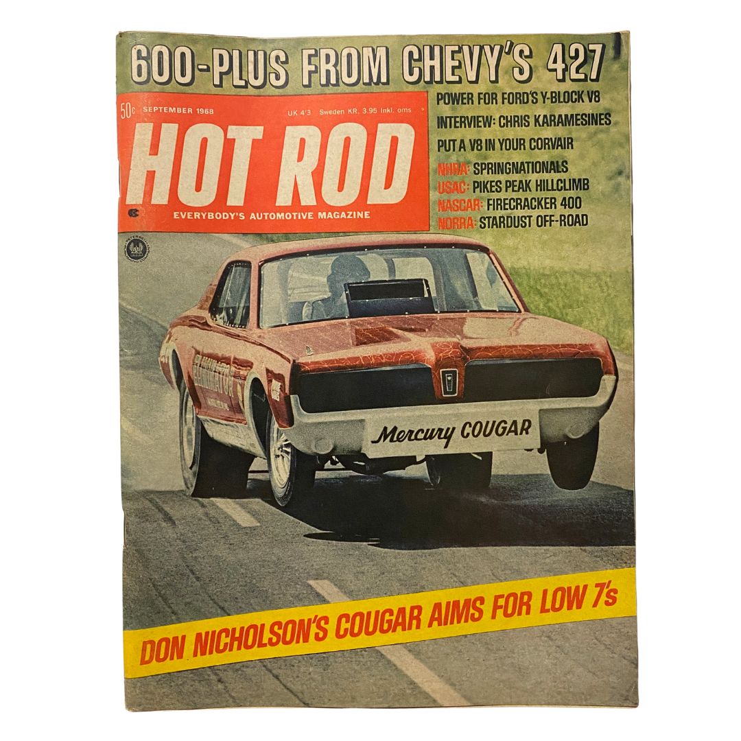 Cover of VTG Hot Rod Magazine September 1968 showcasing Don Nicholson's Cougar with the title 'Don Nicholson's Cougar Aims Low 7s' and featuring automotive content.