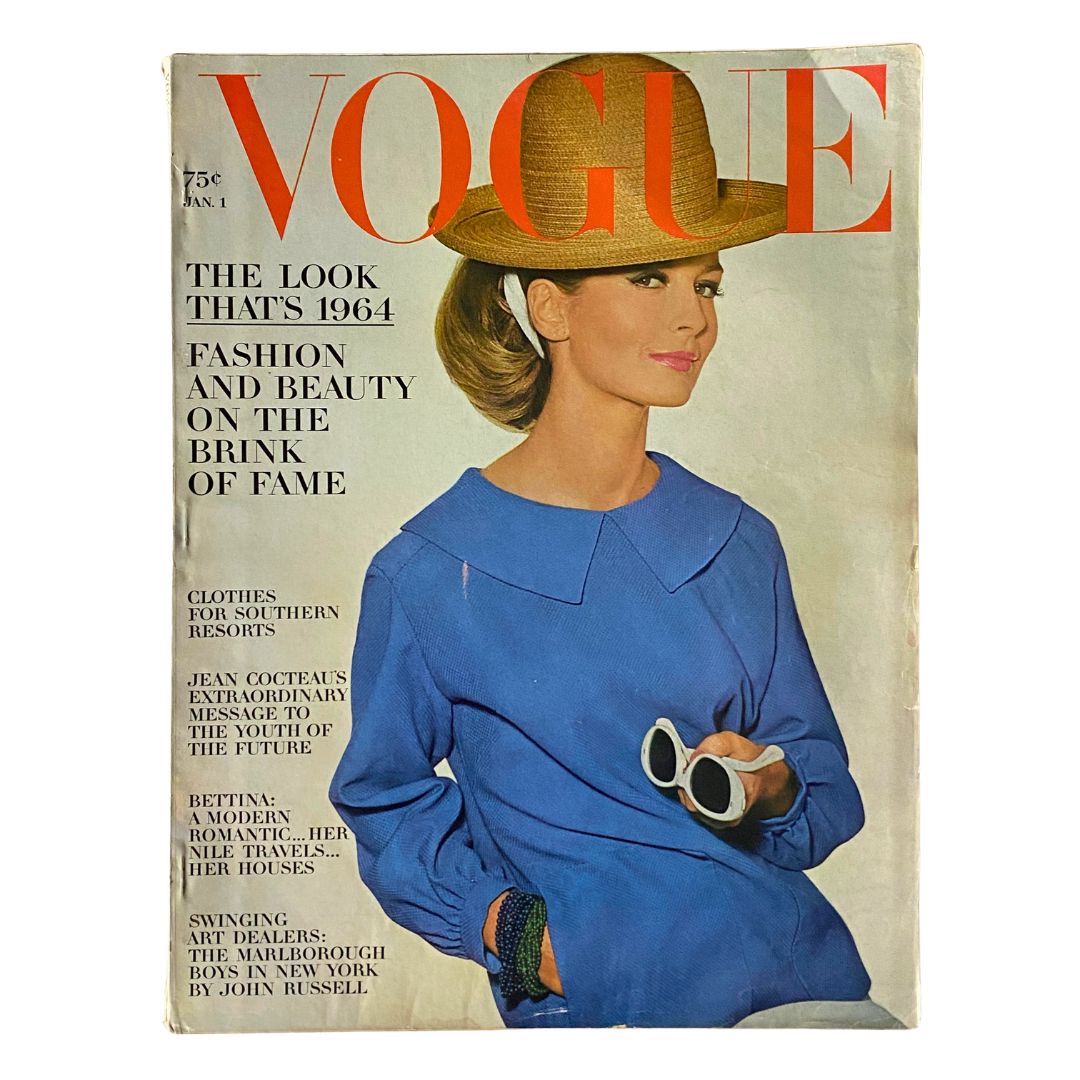Vintage Vogue Magazine, January 1, 1964: Sandra Paul photographed by Irving Penn on the cover.