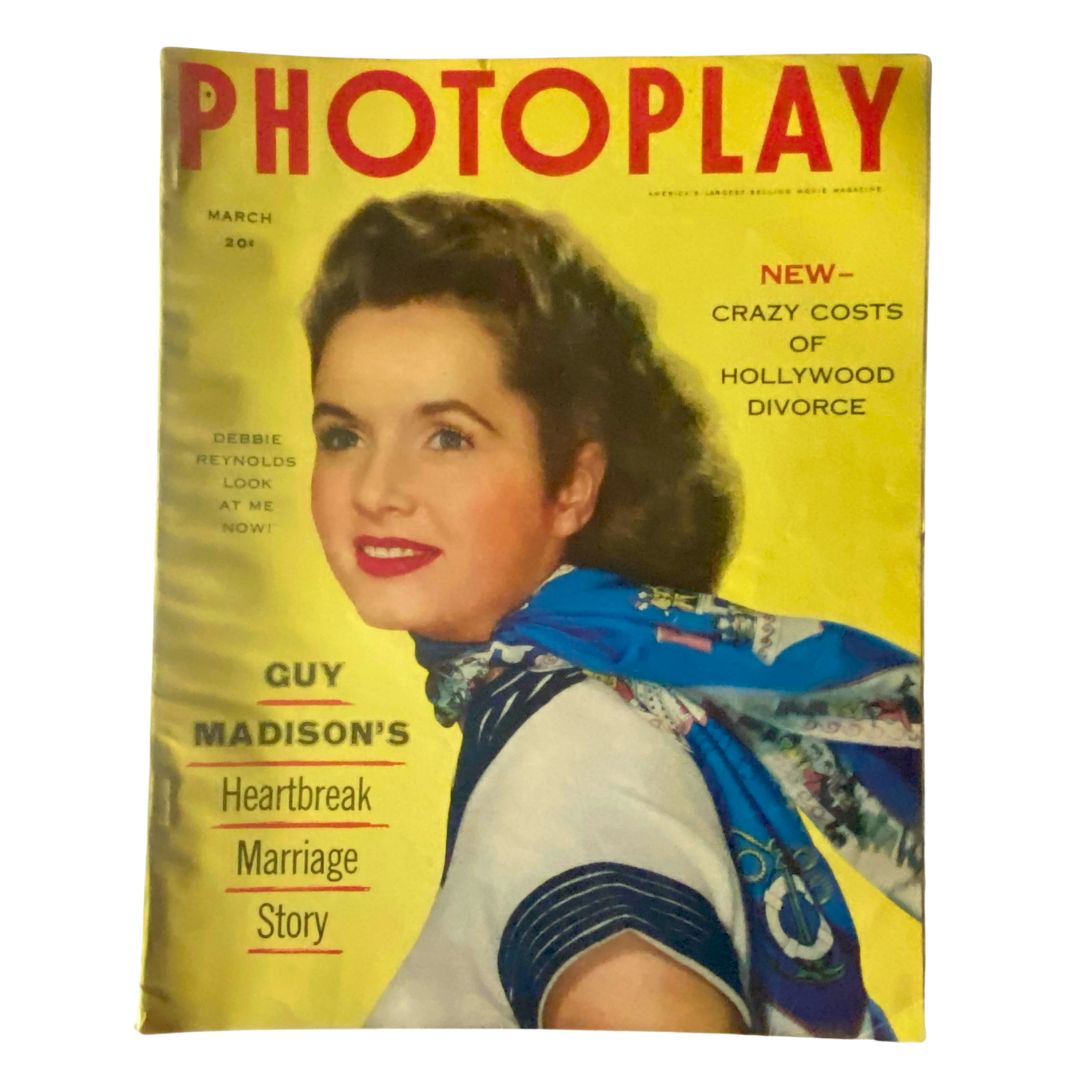 VTG Photoplay Magazine from March 1954 featuring Debbie Reynolds on the cover, showcasing vintage Hollywood glamour with a bright yellow background and striking portrait.