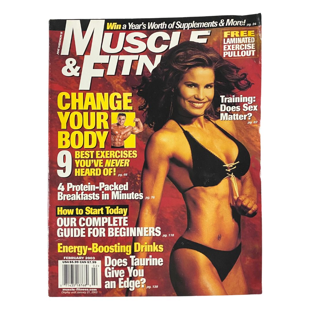 MuscleMag Magazine February 2003 featuring Amanda Blank on the cover, showcasing fitness themes and vintage bodybuilding culture.