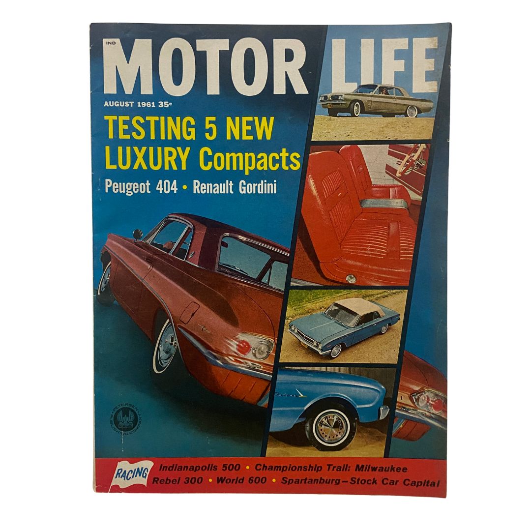 Cover of VTG Motor Life Magazine August 1961 featuring luxury compact cars including the Peugeot 404 and Renault Gordini, showcasing vintage automotive ads and photography.