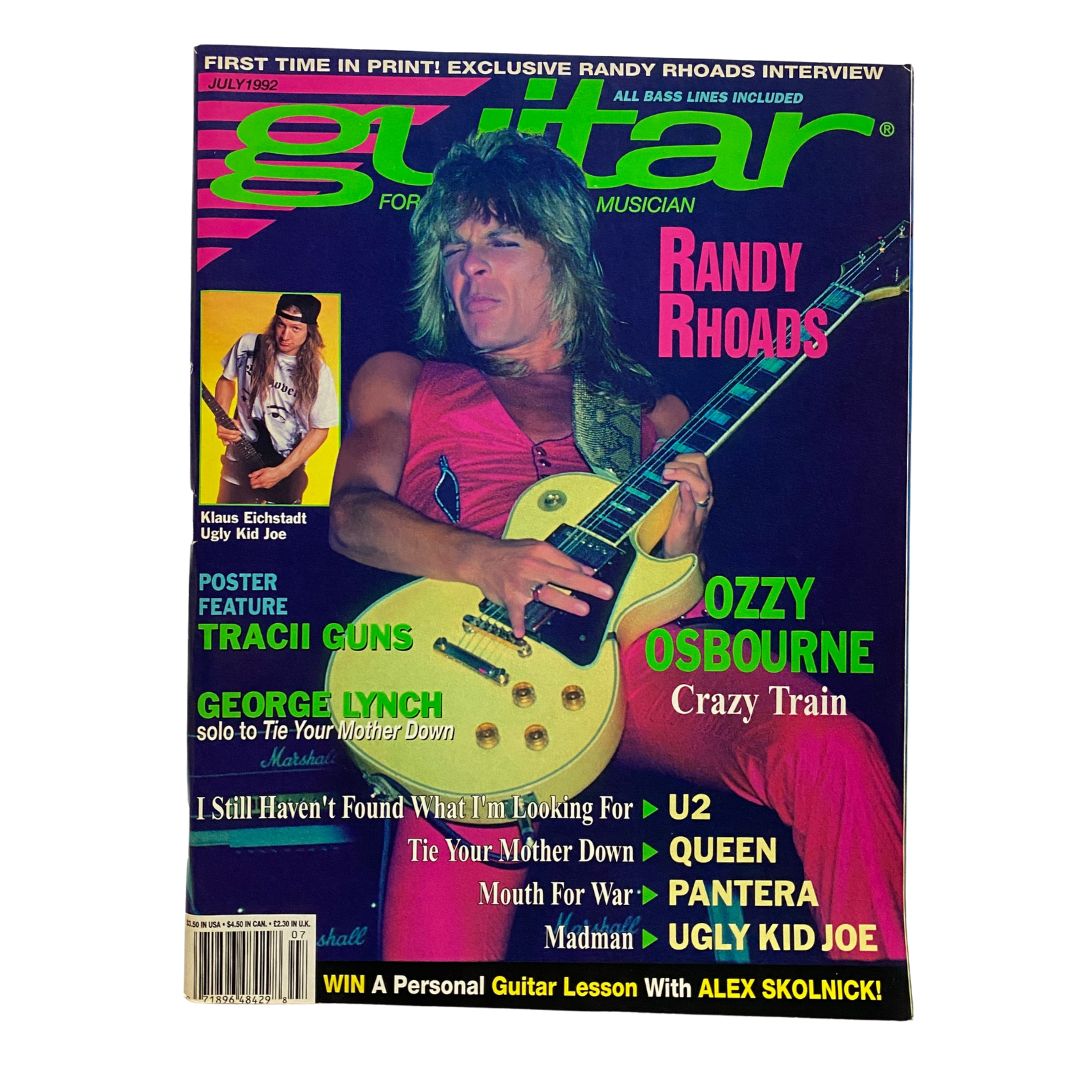 Cover of the Guitar for the Practicing Musician Magazine from July 1992 featuring Randy Rhoads with a vintage style illustration. The magazine includes a poster feature and highlights notable guitarists like Ozzy Osbourne and Tracii Guns, showcasing the essence of 80s rock music.
