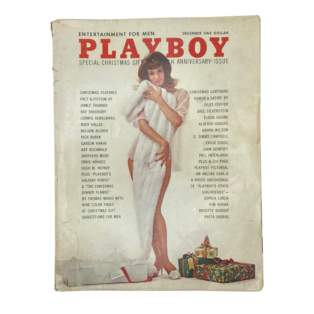 Playboy Magazine December 1962 featuring June Cochran on the cover, showcasing a vintage design with Christmas-themed decorations and a classic illustration, perfect for collectors.