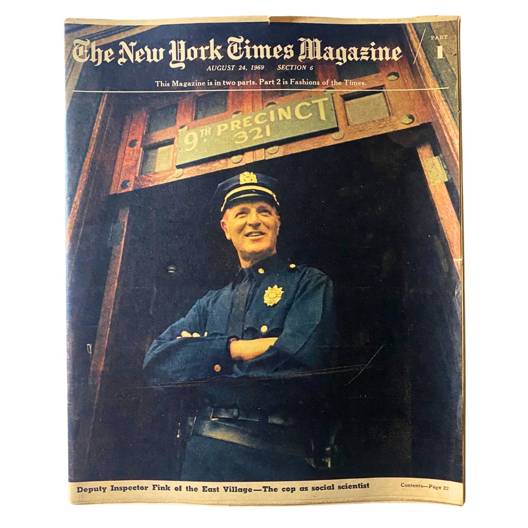 Cover of The New York Times Magazine August 24, 1969, featuring Deputy Inspector Fink at the 9th Precinct. A vintage representation of police culture in the 1960s.