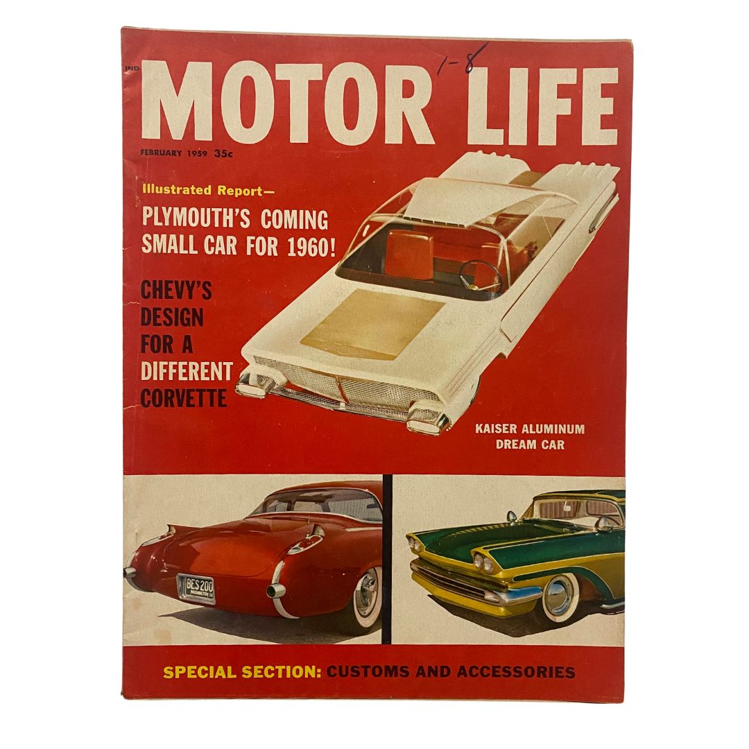 Cover of VTG Motor Life Magazine February 1959 featuring the Kaiser Aluminum Dream Car, showcasing classic automobile designs and a vibrant red background.