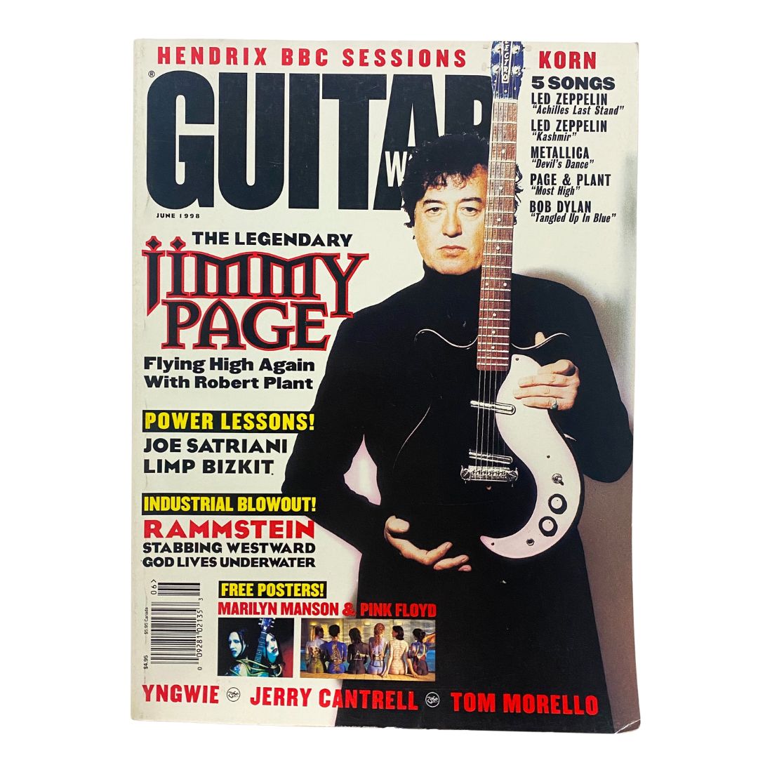 Guitar World Magazine June 1998 featuring The Legendary Jimmy Page on the cover holding a guitar, showcasing rock music history.