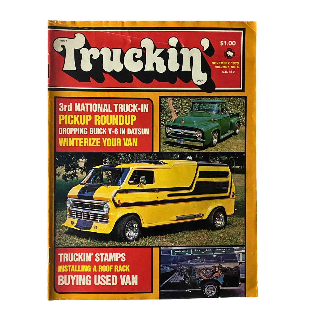 Vintage Truckin' Magazine Cover from November 1975 featuring Dick Delgadillo's Immaculate F-100 and colorful truck designs.