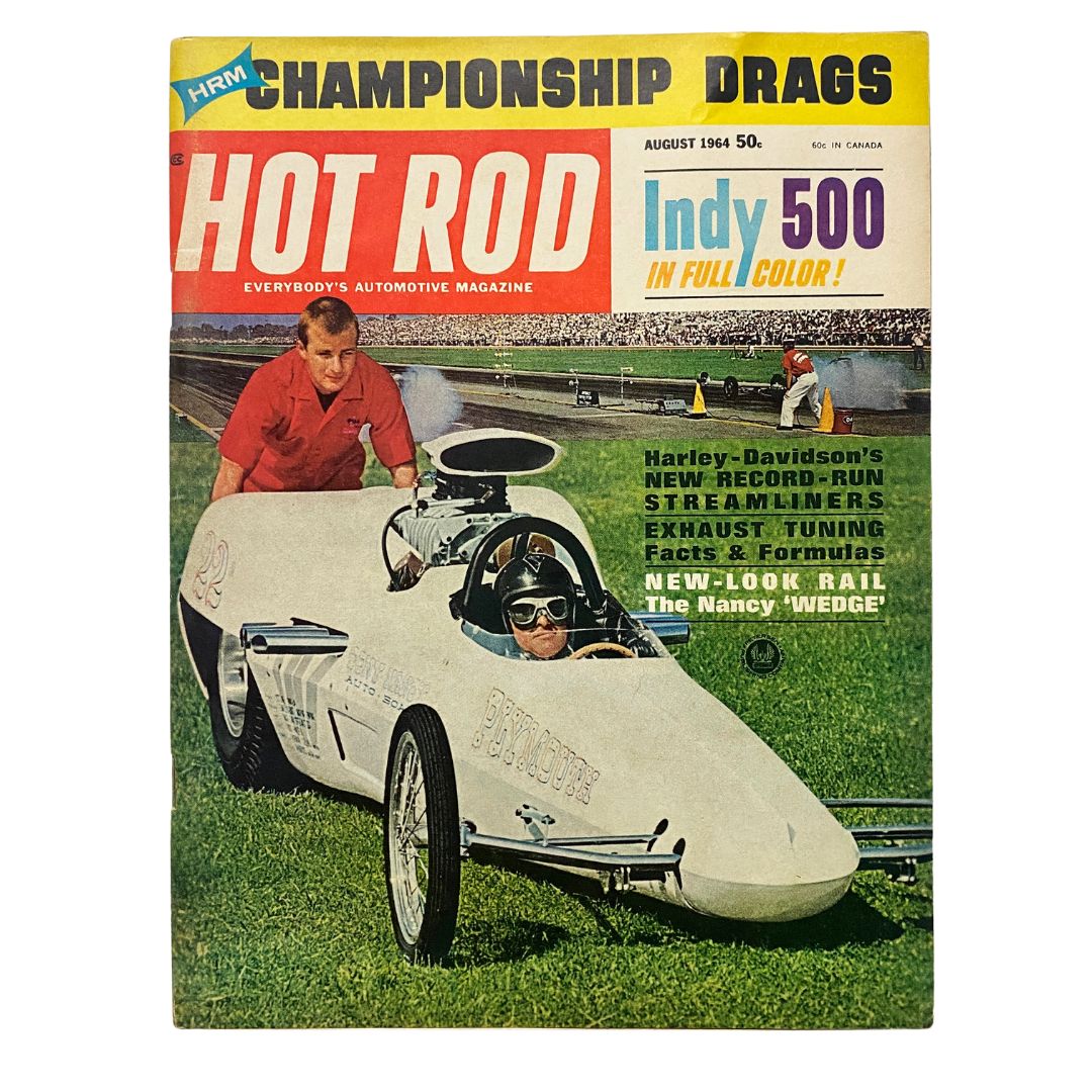 VTG Hot Rod Magazine August 1964 cover featuring the Indy 500 in full color, showcasing a race car and highlights of automotive culture from the 1960s.
