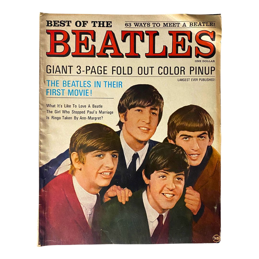 Cover of the vintage 1964 magazine 'Best of The Beatles in Their First Movie' featuring the iconic foursome of The Beatles, showcasing a giant fold-out color pin-up.