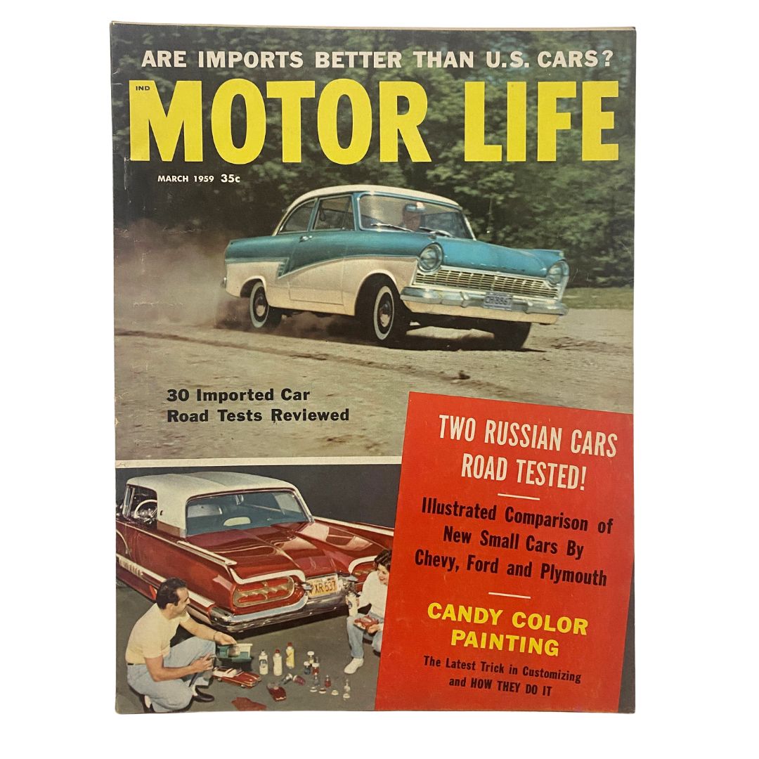 VTG Motor Life Magazine March 1959 featuring two Russian cars road tested, showcasing a vintage cover with classic automobiles.