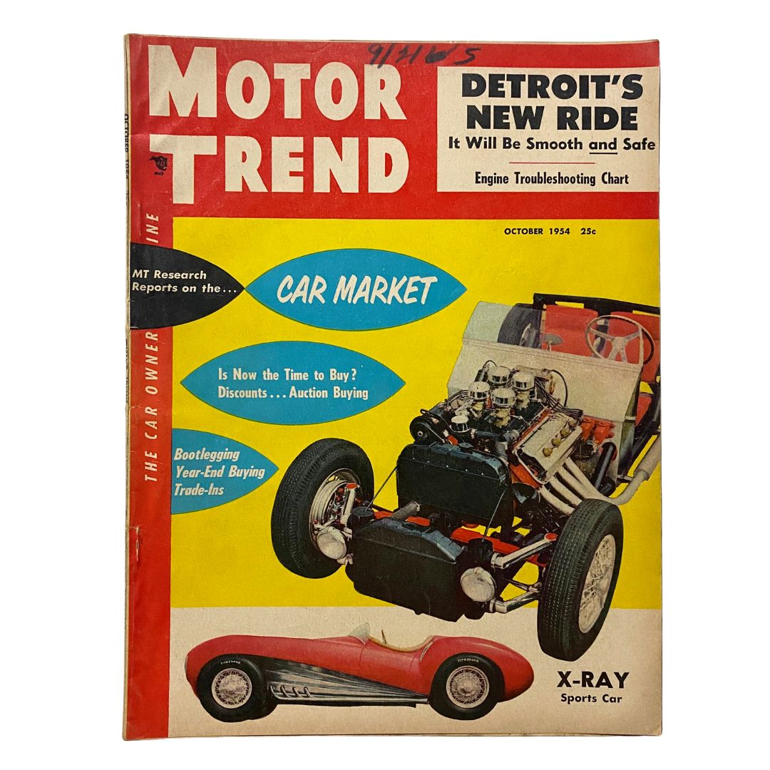 Cover of VTG Motor Trend Magazine October 1954 featuring the title 'X-Ray Sports Car' and articles about automotive trends and car market analysis.