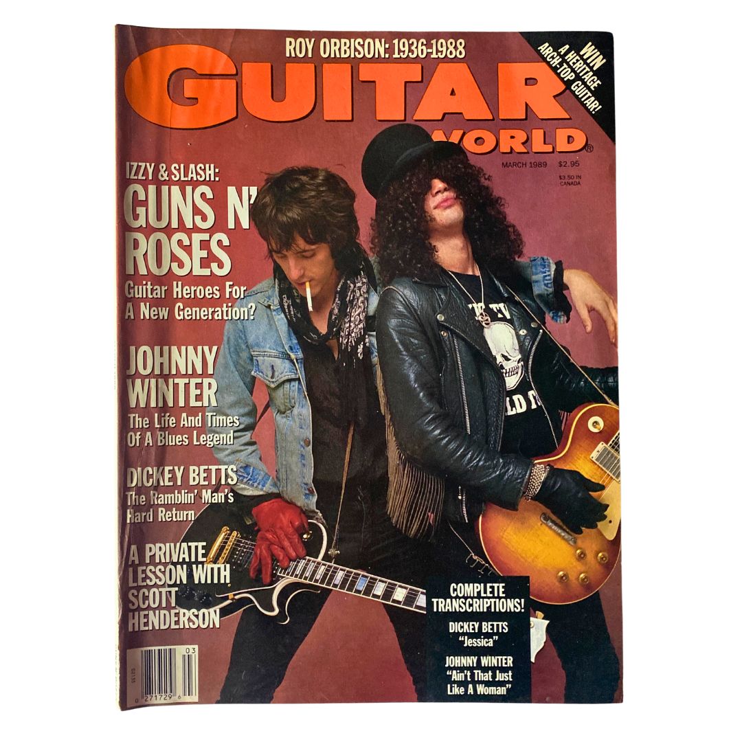 Cover of the VTG Guitar World Magazine from March 1989 featuring Izzy Stradlin and Slash of Guns N' Roses. The magazine highlights iconic guitar heroes, showcasing vibrant graphics and promotional information, making it a collectible item for rock music fans.