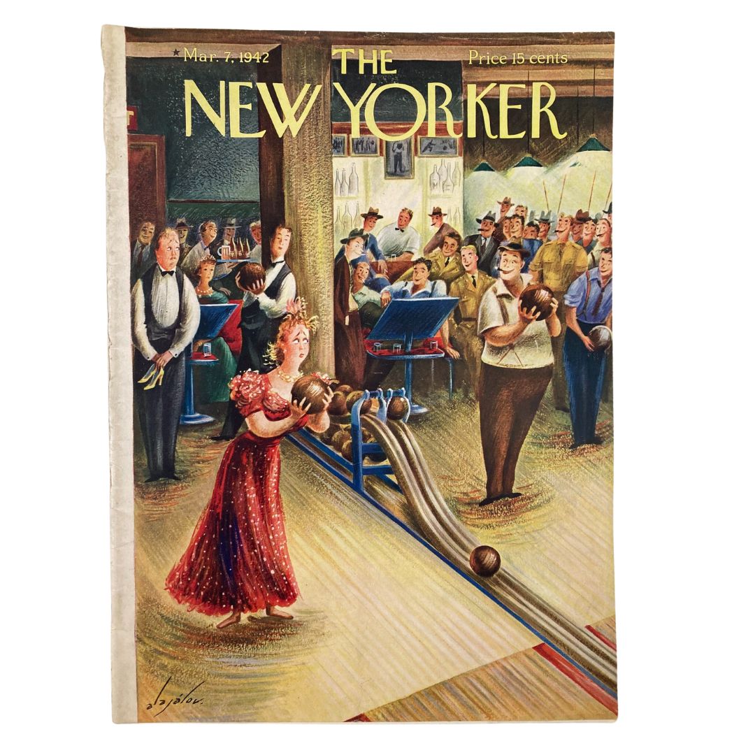 The New Yorker Magazine March 7 1942 cover featuring a bowling scene illustrated by C. Alajalov, showcasing a vibrant character in a red dress and an engaged audience.