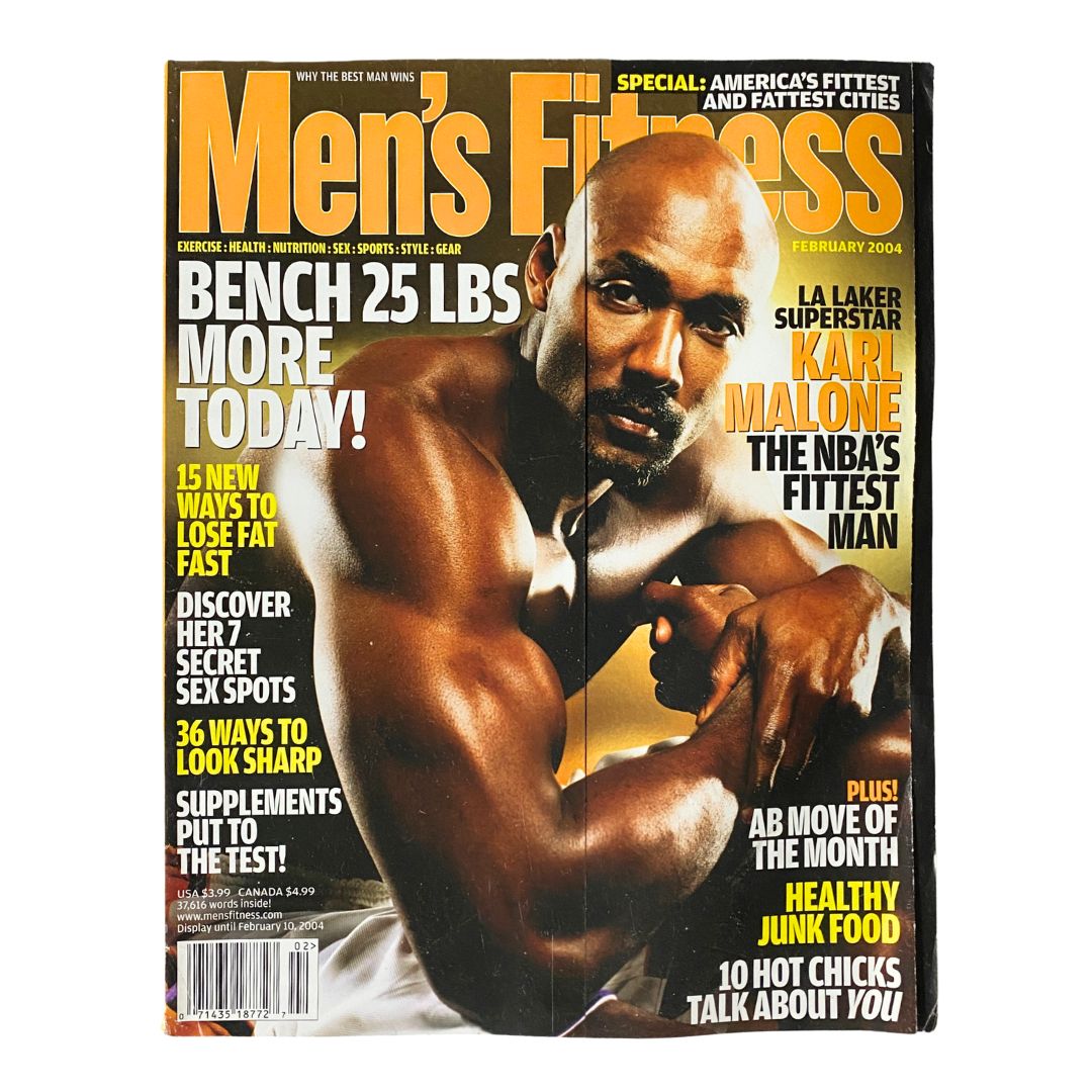 Men's Fitness Magazine February 2004 featuring LA Lakers Superstar Karl Malone on the cover, showcasing fitness tips and celebrating Malone's career as one of basketball's legendary players.