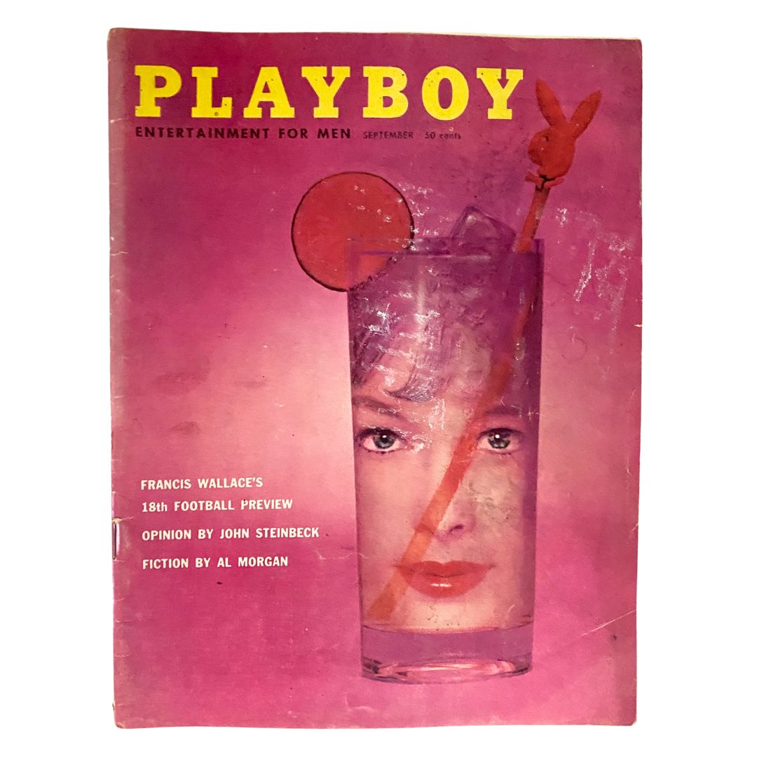 Cover of Playboy Magazine September 1957 featuring a striking graphic of a woman's face merged with a cocktail, showcasing Jacquelyn Prescott as the centerfold.