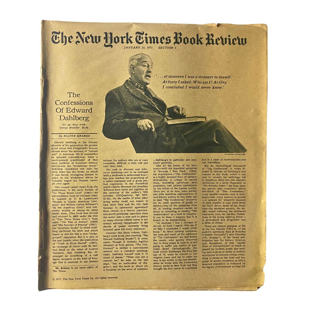 Cover of The New York Times Book Review, January 31, 1971, featuring an article titled 'The Confessions of Edward Dahlberg' by Hilton Kramer, showcasing vintage typography and a photo of Edward Dahlberg.