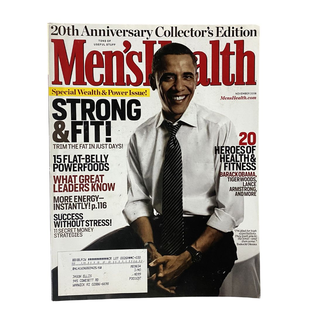 Men's Health Magazine November 2008 featuring Barack Obama on the cover, emphasizing themes of strong fitness and health, highlighting articles on power foods and success strategies.