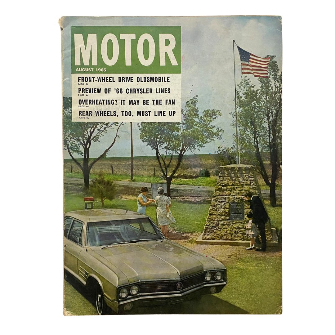 VTG Motor Magazine August 1965 cover featuring Front-Wheel Drive Oldsmobile with a scenic background and people interacting.