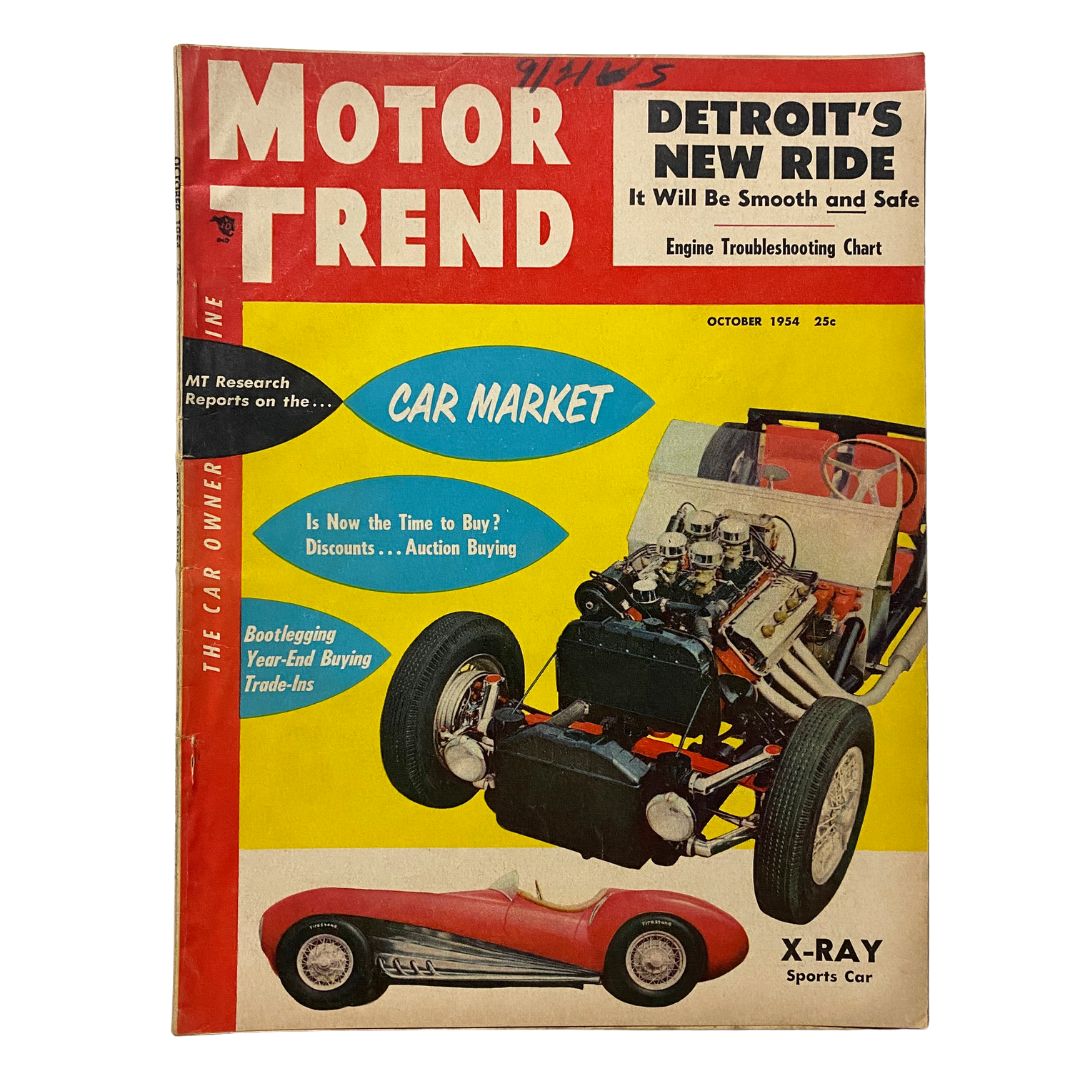 Vintage Motor Trend Magazine October 1954 featuring X-Ray Sports Car illustration by Bob McKenzie, showcasing automotive history and design from the 1950s.