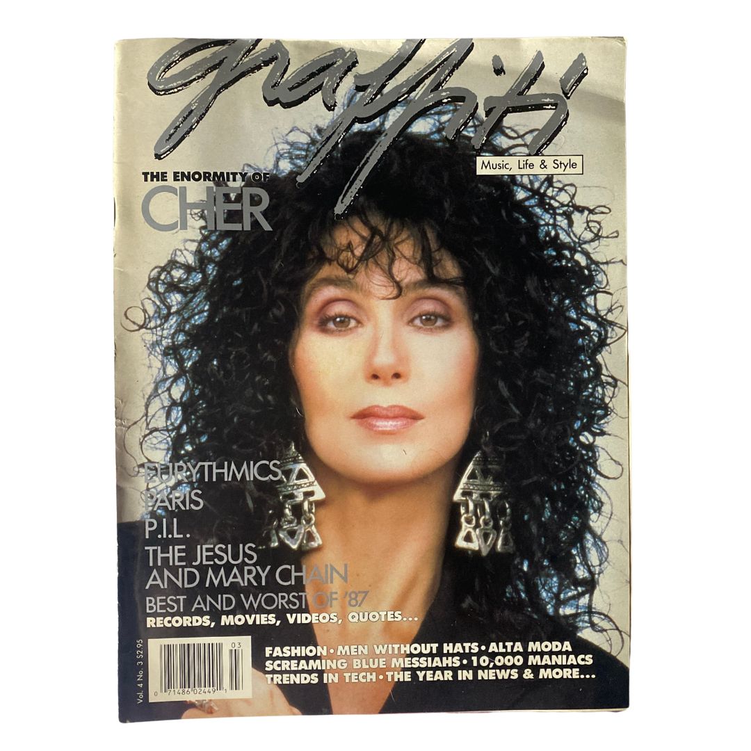 Cover of VTG Graffiti Magazine February/March 1988 featuring the title 'The Enormity of Cher' with a striking image of Cher, highlighting the vibrant 1980s culture.