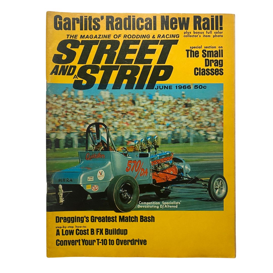 Cover of VTG Street & Strip Magazine, June 1966, featuring Devastating D/Altered drag racing vehicle on a track, alongside racing crowds, highlighting automotive culture.