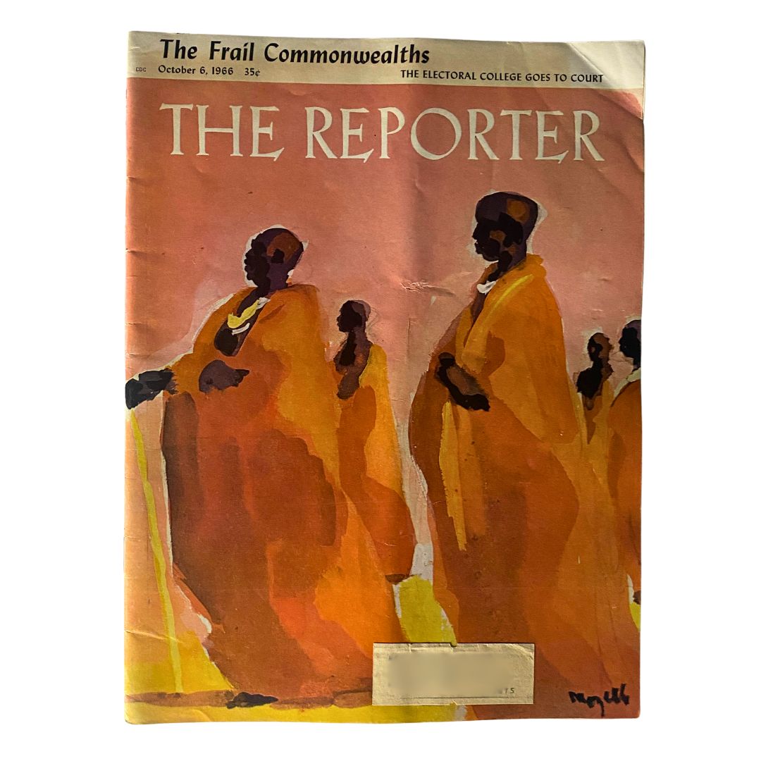 VTG The Reporter Magazine October 6 1966 The Frail Commonwealths cover art featuring silhouettes of people in orange robes against a pastel background.