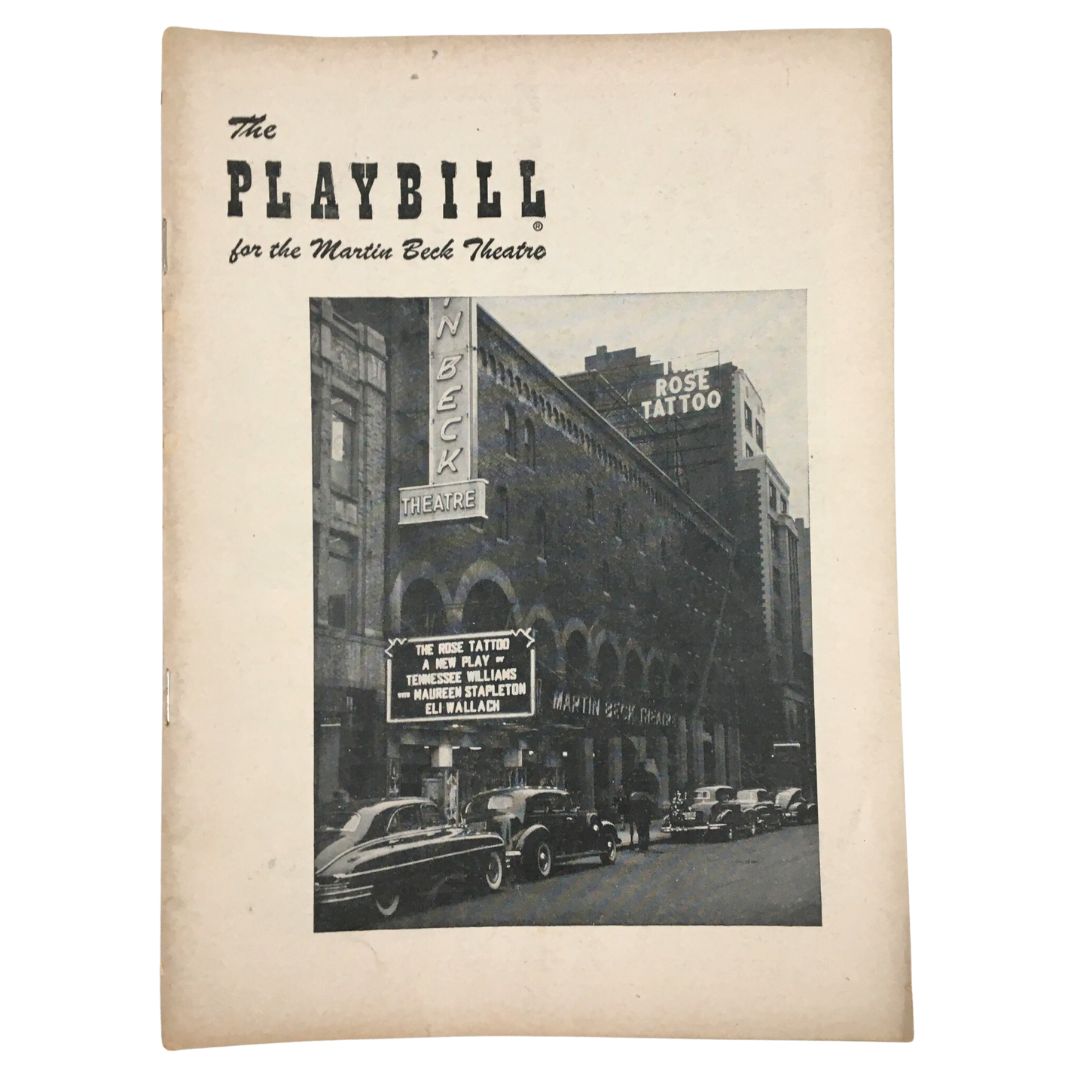 Vintage 1951 Playbill for The Rose Tattoo at Martin Beck Theatre featuring iconic American play by Tennessee Williams, showcasing the theatre's exterior and marquee.