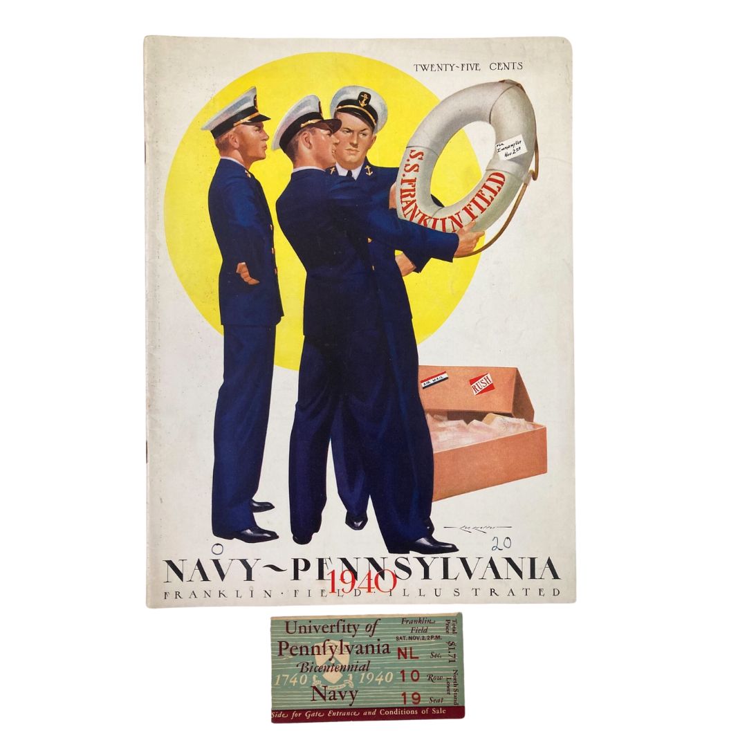 Cover of the 1940 NCAA Football Navy vs Pennsylvania Official Statistics Program featuring three sailors in uniform, with a life preserver and a box in the background.
