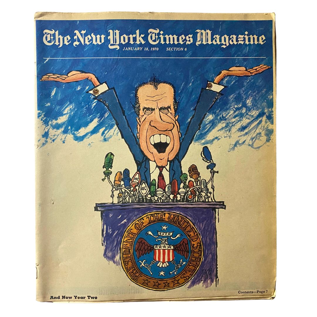 The New York Times Magazine January 18 1970 cover featuring a cartoon depiction of Richard Nixon at a podium surrounded by microphones, illustrating a significant moment in American political history.