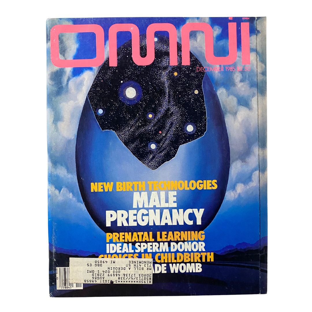 VTG Omni Magazine December 1985 cover featuring the theme 'New Birth Technologies', highlighting 'Male Pregnancy' with striking imagery depicting a cosmic scene and a prominent egg illustration.
