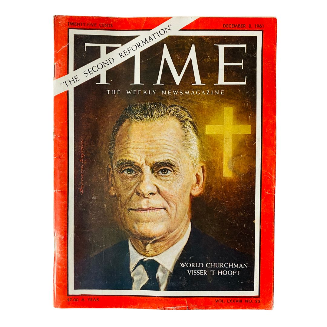 VTG Time Magazine December 8 1961 featuring World Churchman Visser 'T Hooft on the cover, showcasing historical journalism.
