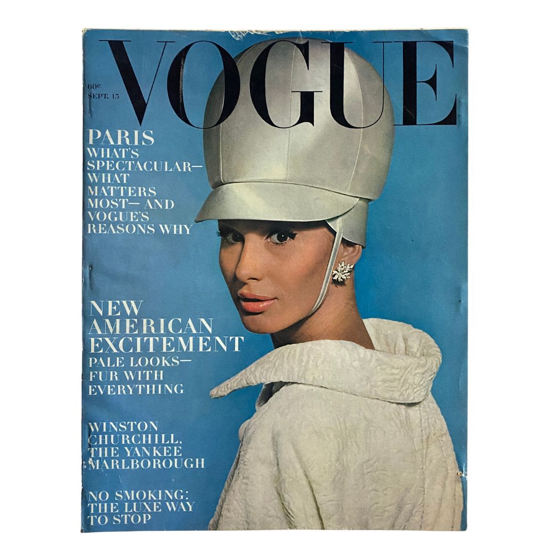 Vintage Vogue Magazine, September 15, 1963: Brigitte Bauer photographed by David Bailey on the cover.