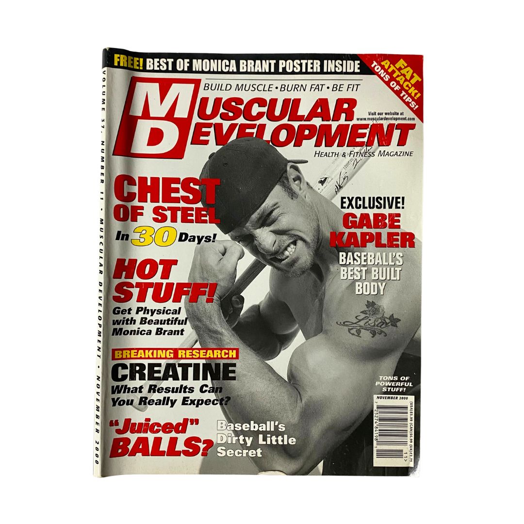 Muscular Development Magazine November 2000 featuring Gabe Kapler on the cover, focused on bodybuilding and fitness with a themed poster inside.