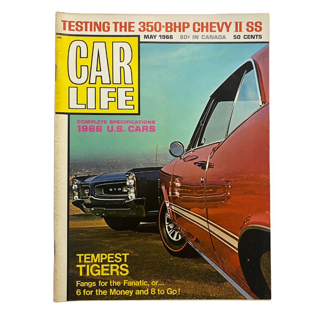 Cover of VTG Car Life Magazine May 1966 Vol 13 No. 4 featuring the 1966 U.S. cars with images of Pontiac GTO and a Chevrolet model.