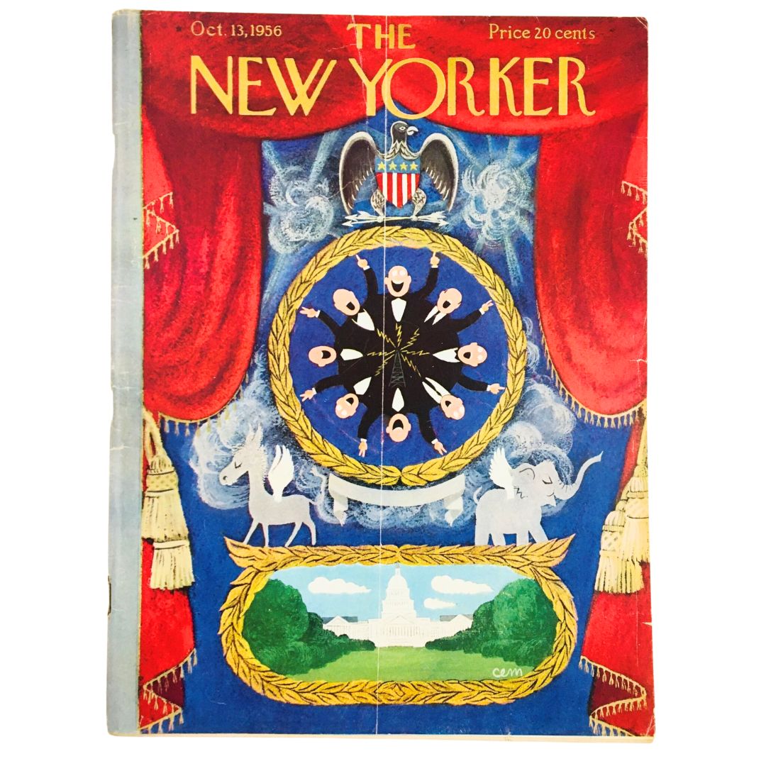 Cover of The New Yorker Magazine from October 13, 1956, featuring vibrant artwork by Charles E. Martin, depicting whimsical characters, animals, and the Capitol building against a bright backdrop.