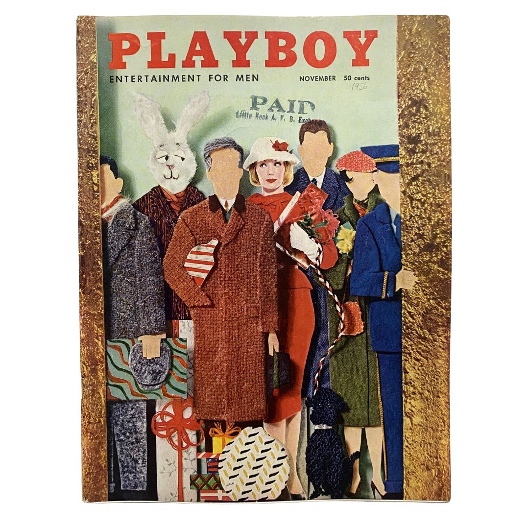 Cover of VTG Playboy Magazine November 1956 featuring a whimsical illustration of characters with a white rabbit, showcasing the magazine's retro design.