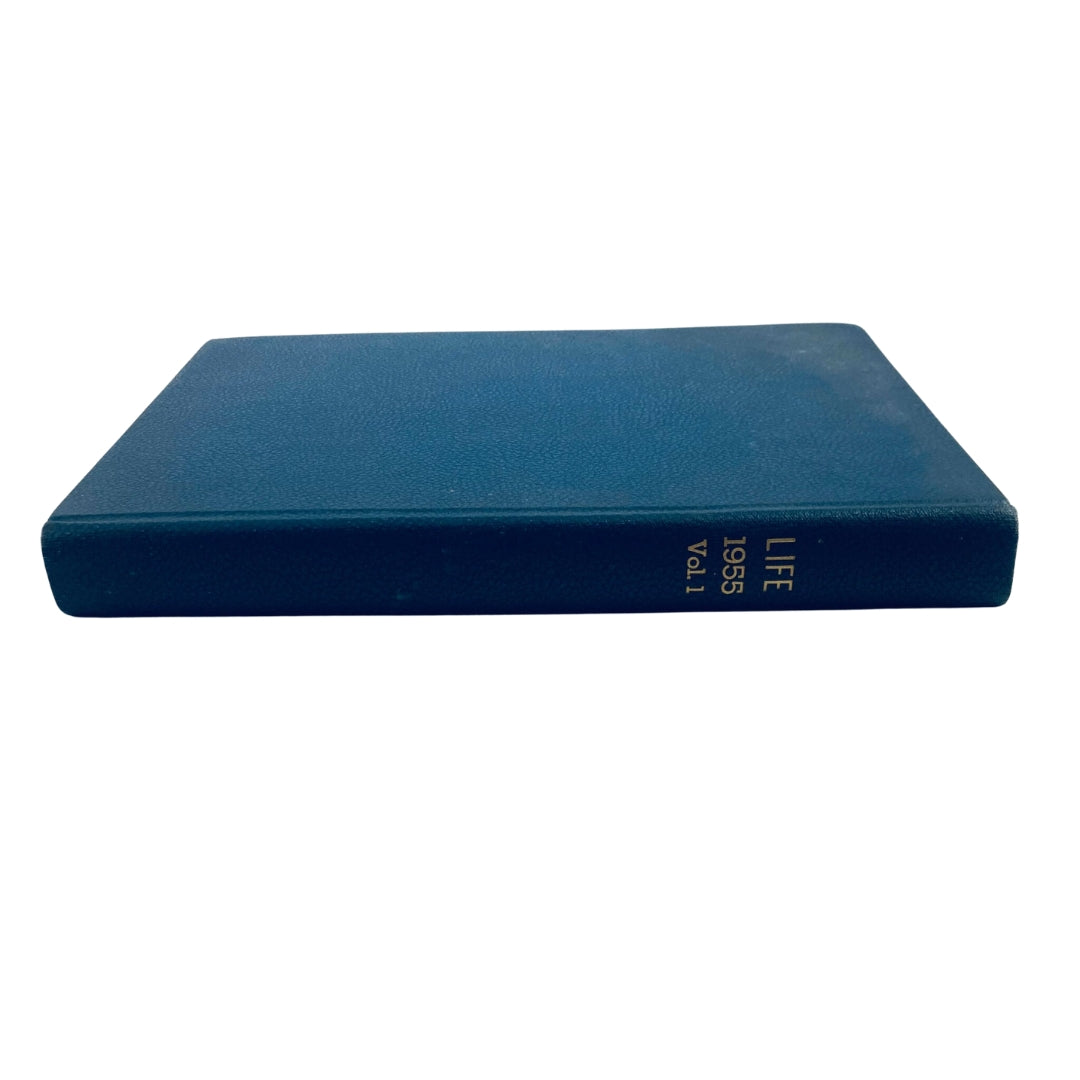 VTG 1955 Bound Life Magazine Cover with blue spine labeled 'LIFE 1955 Vol. 1' representing a collection of mid-20th century American history.