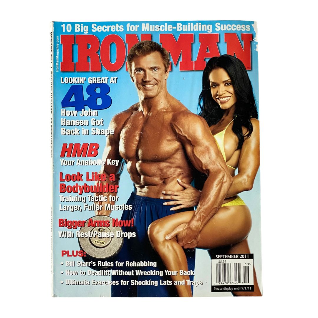 Iron Man Magazine September 2011 featuring John Hansen on the cover, showcasing tips for muscle building and fitness.