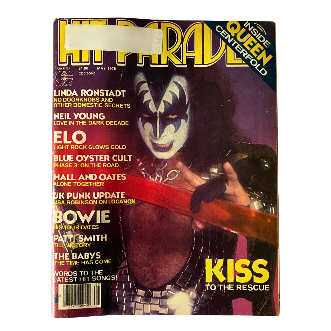Cover of VTG Hit Parader Magazine May 1978 featuring Kiss To The Rescue with striking display, artist Gene Simmons in costume, promoting music legends.