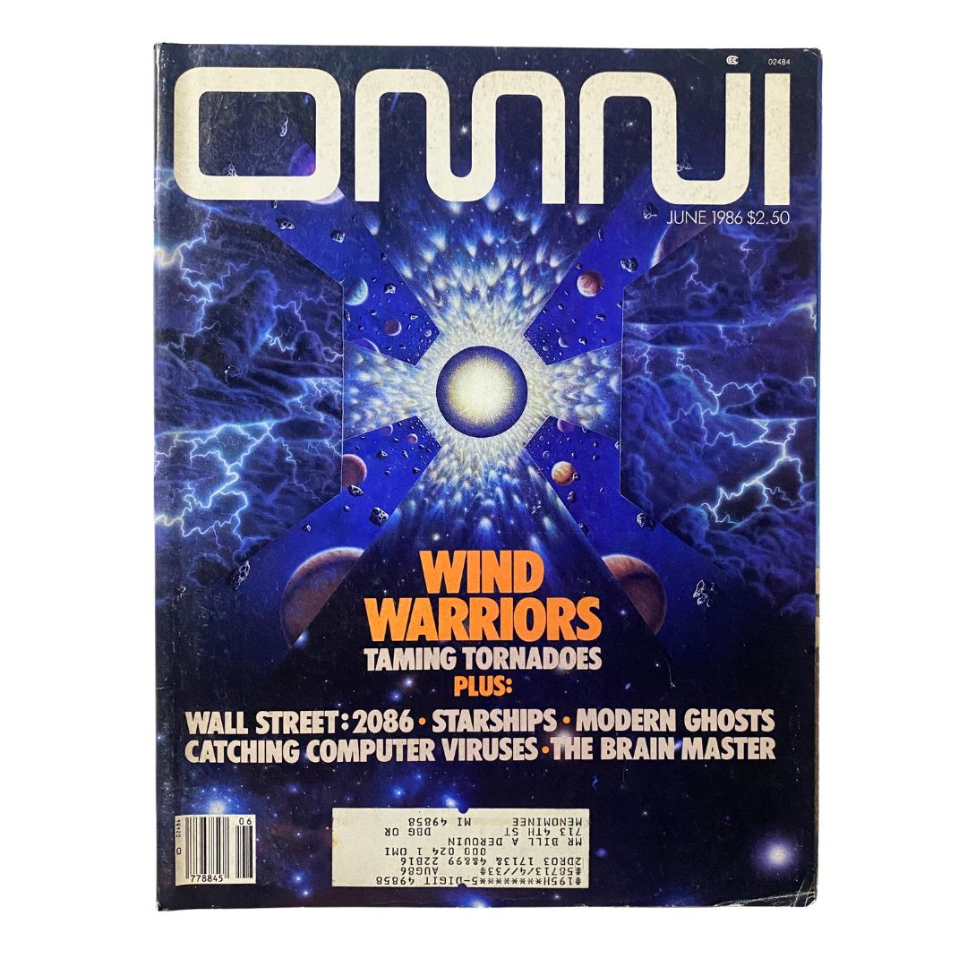 Omni Magazine June 1986 cover featuring 'Wind Warriors' and 'Taming Tornadoes' with an eye-catching cosmic design, ideal for collectors.