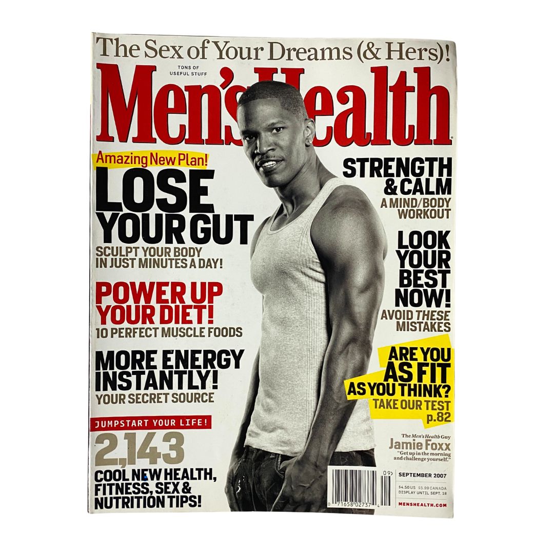 Cover of Men's Health Magazine September 2007 featuring actor Jamie Foxx. The magazine promotes fitness and health with headlines about exercise, nutrition, and body sculpting.