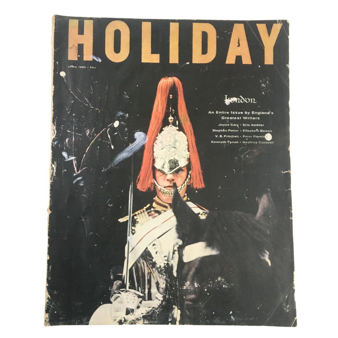 Cover of Holiday Magazine April 1956 titled 'William Shakespeare's Raffish London', featuring a soldier in ceremonial dress.