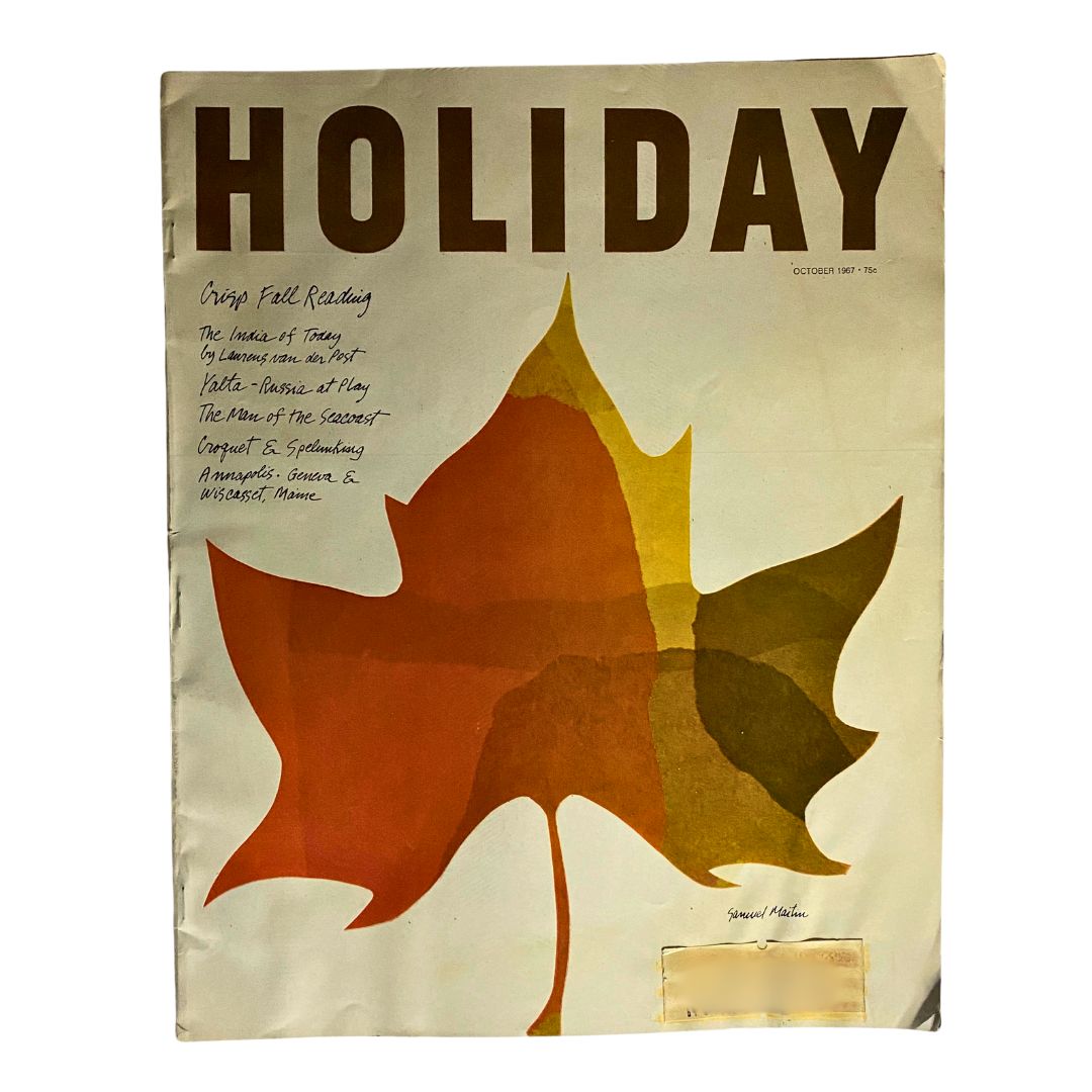 Cover of the VTG Holiday Magazine October 1967 featuring a vibrant autumn leaf design and the title 'HOLIDAY'. This vintage magazine showcases autumn themes and seasonal articles.